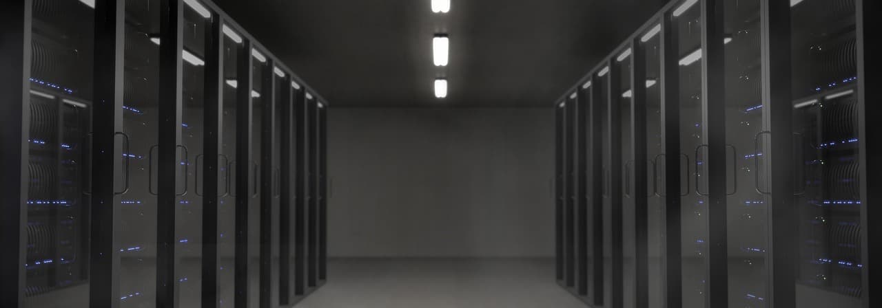 Data center server room with rows of servers