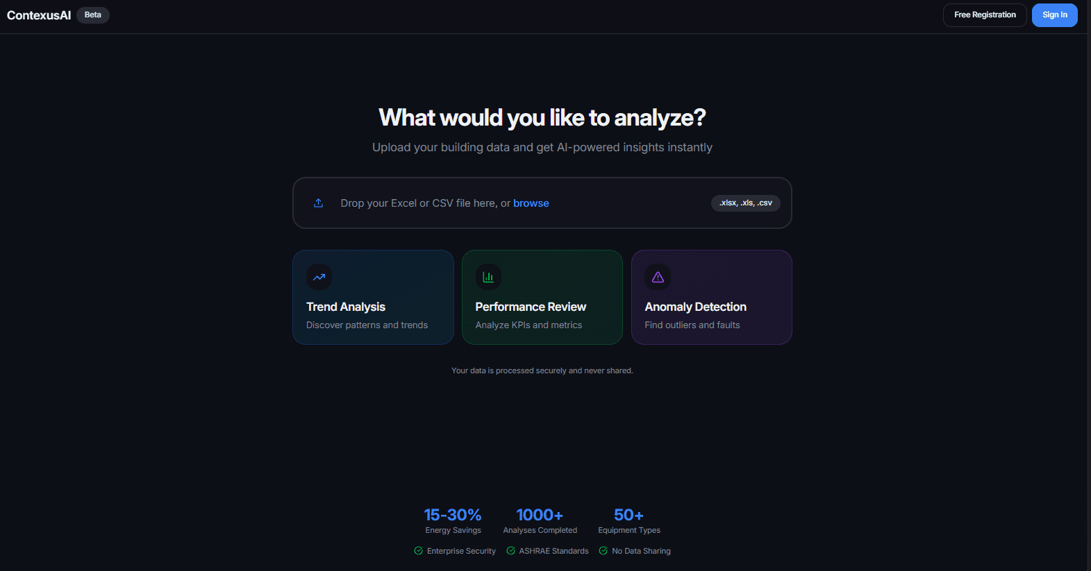 CONTEXUS AI Analytics simple upload interface for building data analysis