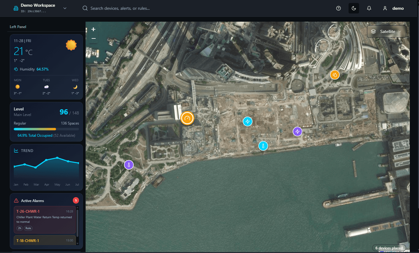 CONTEXUS Smart City GIS Platform showing city-wide IoT sensor deployment on satellite map with real-time monitoring